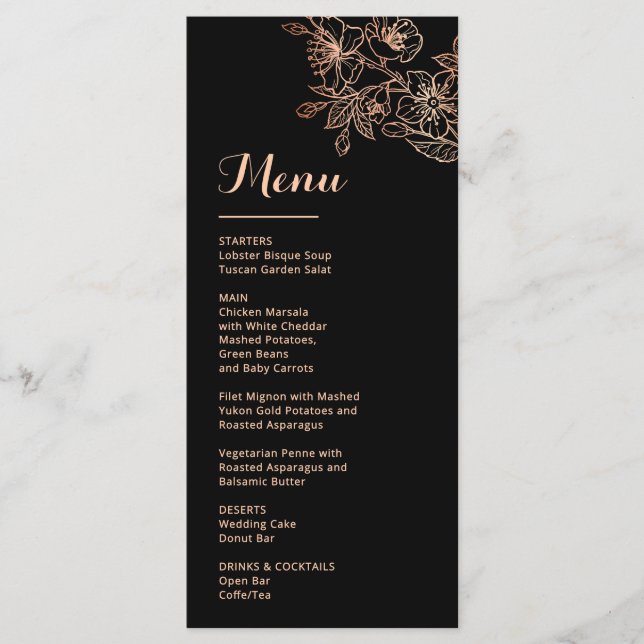 Menu Rose Gold Floral Line Art Black Wedding (Devant)