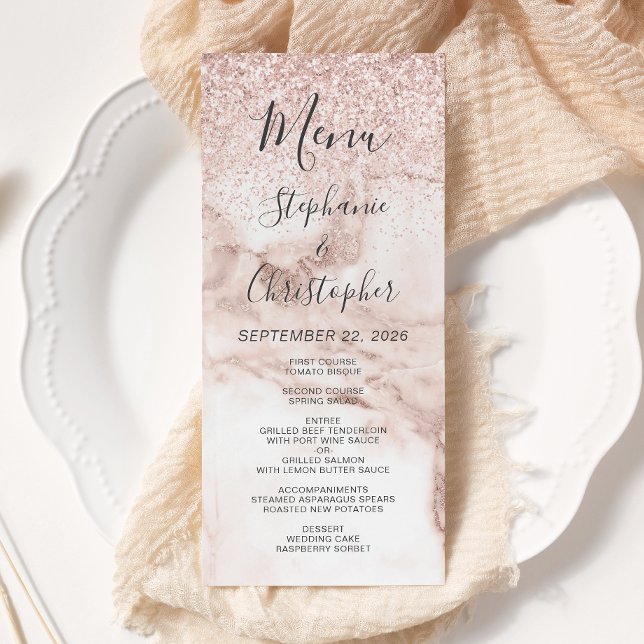 Menu Rose Gold Marbre Paillettes Élégant Mariage (Créateur téléchargé)