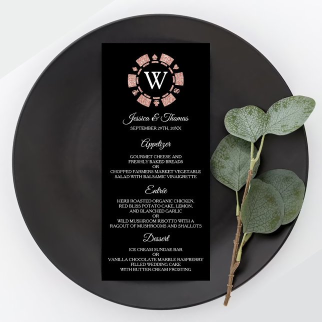 Menu Rose Gold Monogram Poker Chip Casino Mariage (Créateur téléchargé)