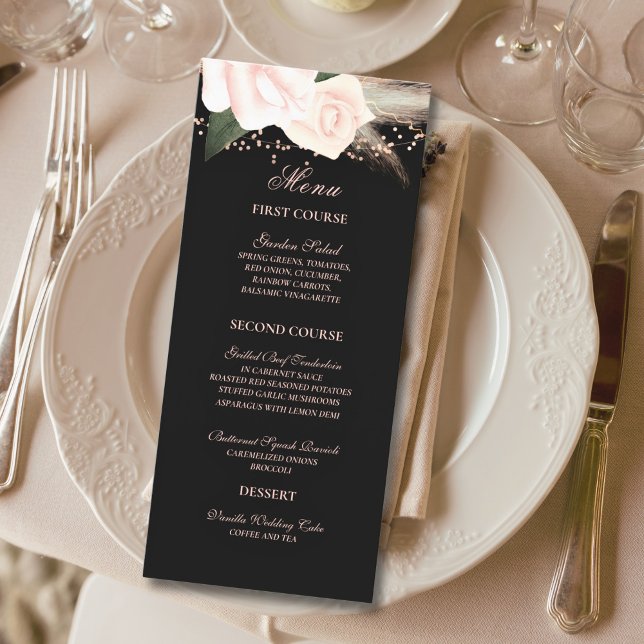 Menu Rose noir et blanc Floral String Mariage (Créateur téléchargé)