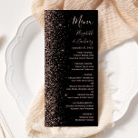 Menu Rose noir moderne Parties scintillant or  Mariage<br><div class="desc">Le bord gauche de cet élégant menu mariage moderne présente un design rose en faux parties scintillant doré. Le texte personnalisable combine écriture rose pâle,  cuivre et polices italiques sur un arrière - plan noir. L'envers est assorti d'une parties scintillant en noir et or.</div>