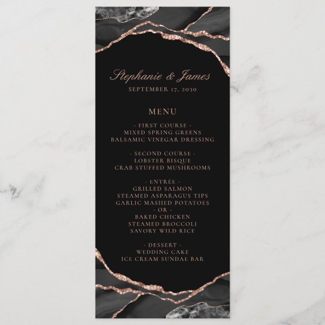 Menu Rose noire élégante Mariage Agate feuille d'or (Devant)
