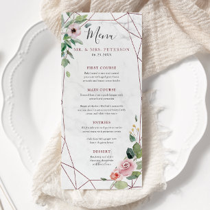 Menu Rose or géométrique Boho Floral Aquarelle Mariage