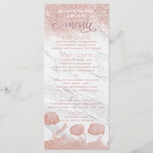 Menu Rose or glitateur marbre calligraphie florale (Devant)