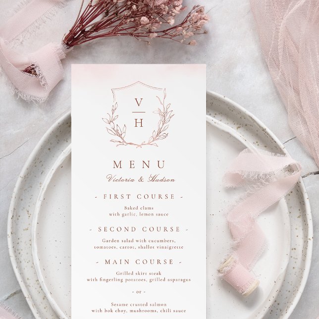 Menu Rose or simple crête botanique monogramme mariage (Rose gold simple botanical crest monogram wedding menu)