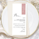 Menu Rose Pâle Personnalisé avec le Nom de l'Invité Élé<br><div class="desc">Pourquoi dépenser pour des cartons de placement et des cartons de menu quand vous pouvez avoir un menu élégant tout-en-un personnalisé avec le nom de chaque invité ! Design contemporain, simple et élégant avec une belle calligraphie manuscrite moderne. Une bande dans le coin supérieur droit de ton rose blush avec...</div>