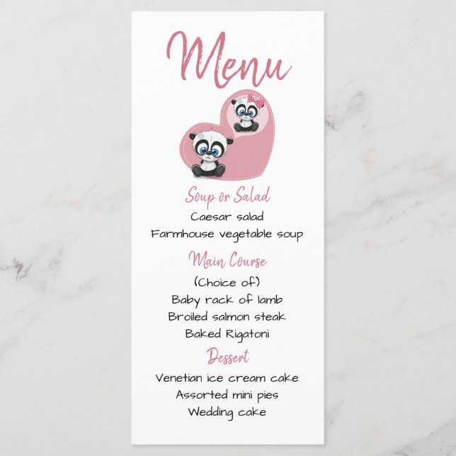 Menu Rose Panda Teddy Bear Coeur Soirée de mariage (Devant)