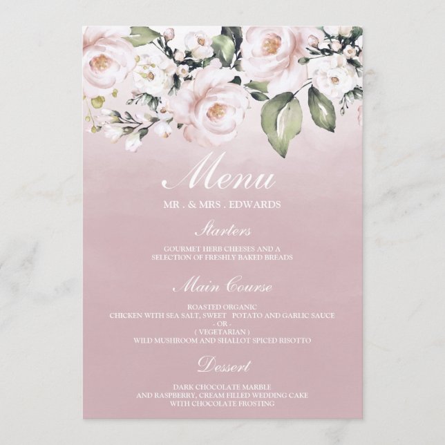 Menu Rose Poussiéreux Rose Fardé Aquarelle Anniversaire (Devant)