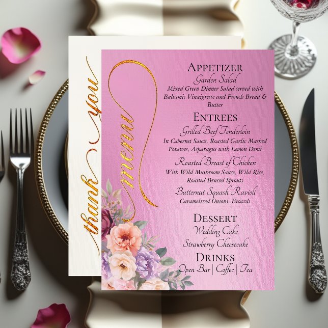 Menu Rose rose - Fleurs sauvages, monogramme et merci  (Créateur téléchargé)