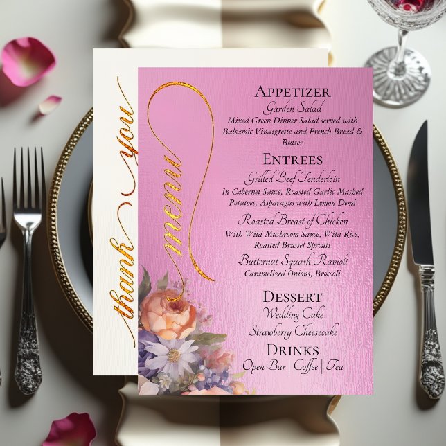 Menu Rose rose - Monogramme, Fleurs sauvages & Merci  (Créateur téléchargé)