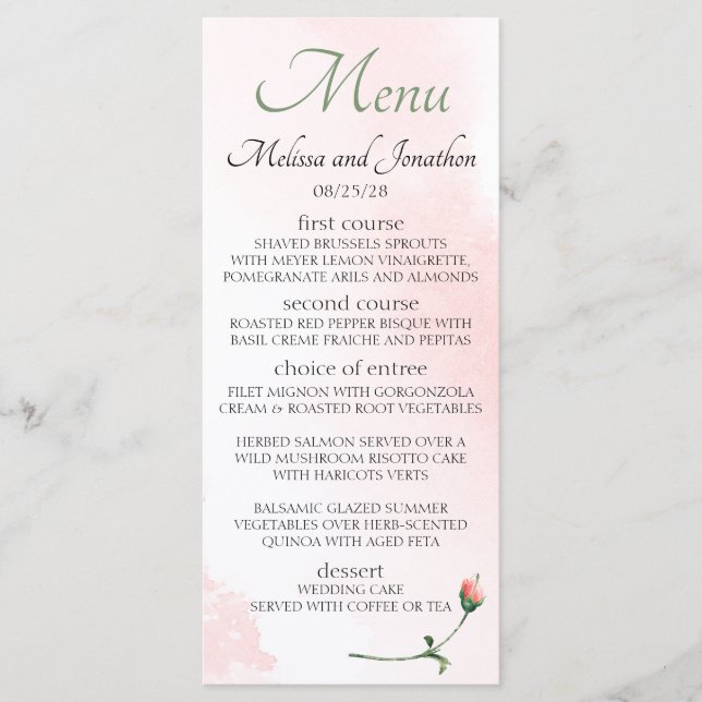 Menu Rose rose rougissant Floral Mariage élégant (Devant)