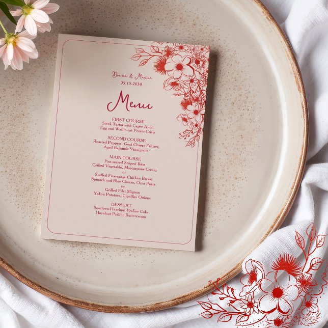 Menu Rose Rouge Floral Élégant Mariage (Créateur téléchargé)