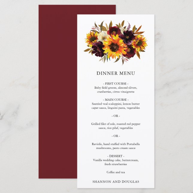 Menu Rose rouge violet automne tournesol Mariage rustiq (Devant / Derrière)