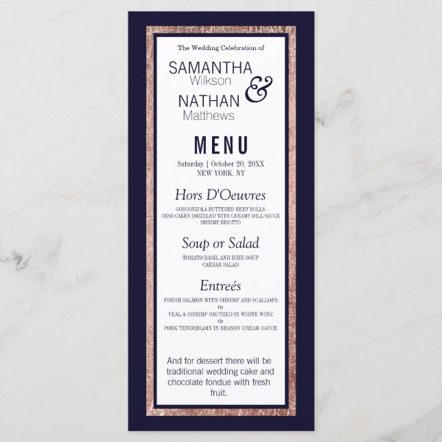 Menu Rose simple Gold Linked Marine Mariage bleu (Devant)