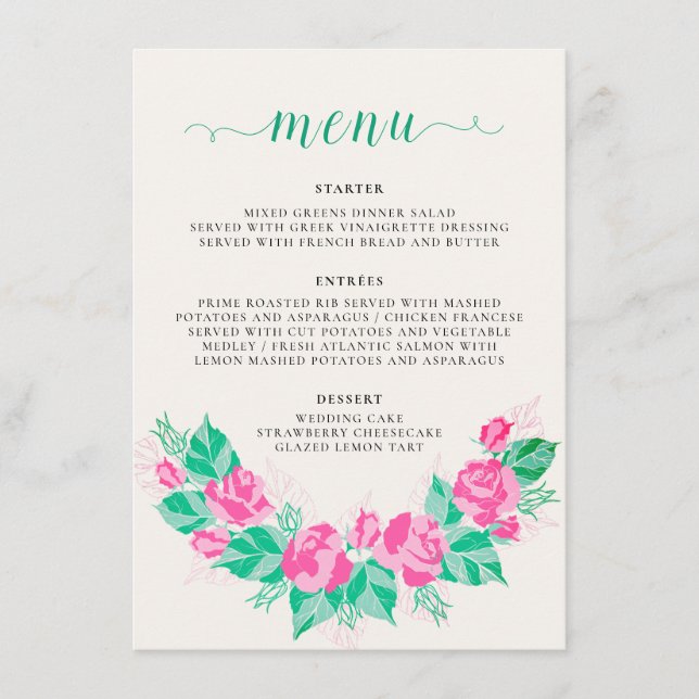 Menu Rose Vert Rose Pétales Fleurs Jardin Mariage (Devant)
