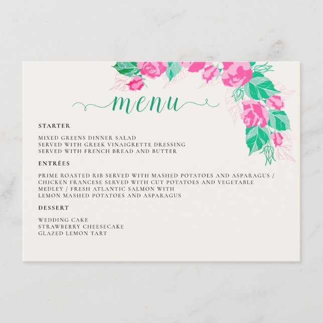 Menu Rose Vert Rose Pétales Fleurs Jardin Mariage (Devant)