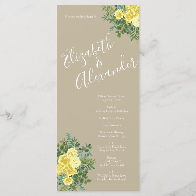 Menu Rose Vintage Jaune Mariage élégant (Devant)