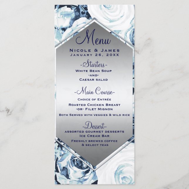 Menu Rose Vintage Mariage Hiver Bleu Blanc Argent (Devant)