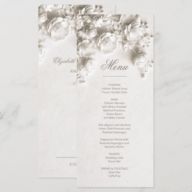 Menu Roses 3D Fleurs Sculpturales Ivoire (Devant / Derrière)