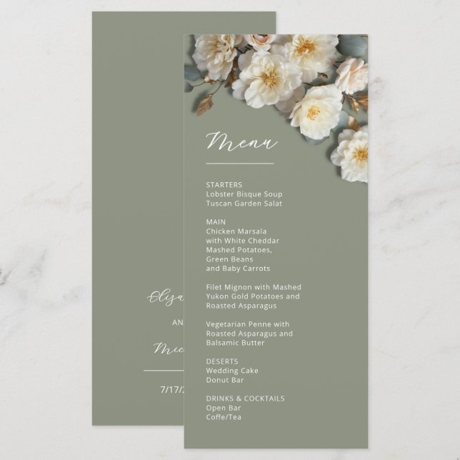 Menu Roses blanches 3D sur fond vert sauge (Devant / Derrière)