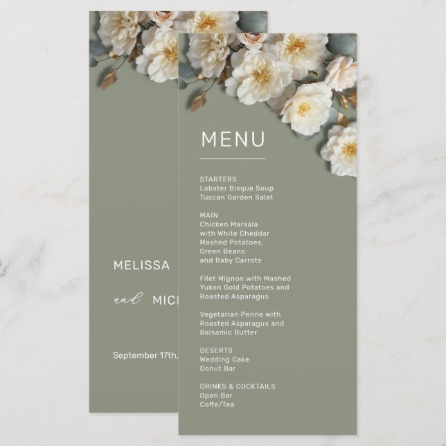 Menu Roses blanches 3D sur fond vert sauge (Devant / Derrière)