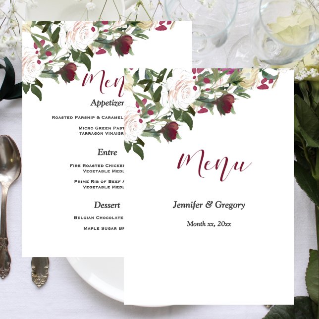 Menu Roses blanches aquarelles avec mariage aux cannebe (Watercolor White Roses with Cranberry Wedding Menu)