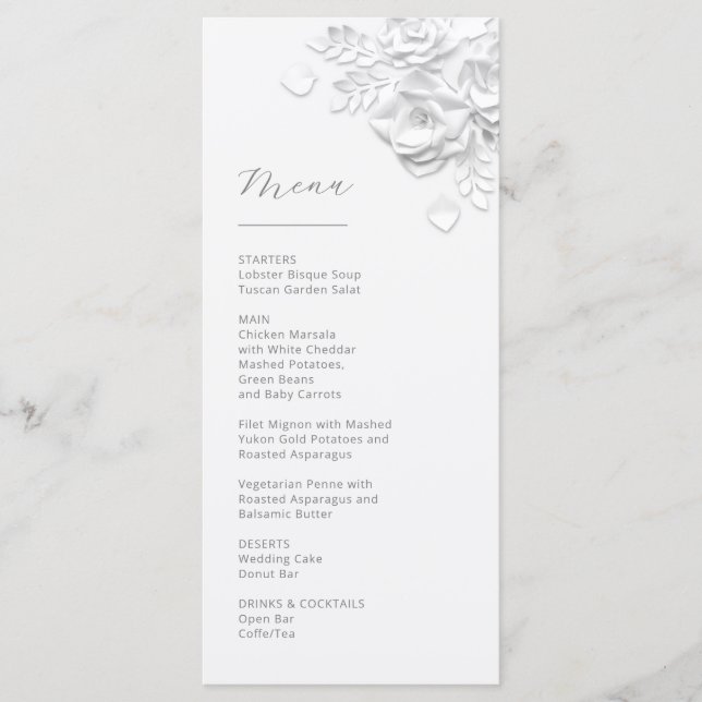 Menu Roses Blanches Découpe 3D en Papier (Devant)