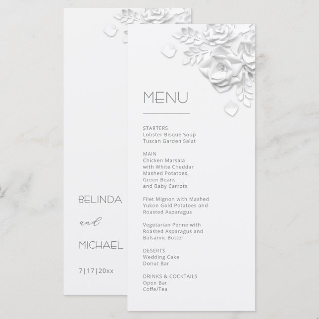 Menu Roses Blanches en Papier Découpé 3D (Devant / Derrière)