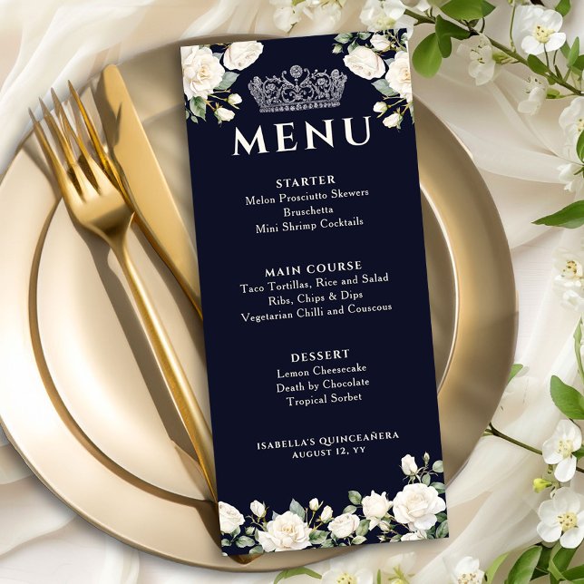 Menu Roses blanches et princesse Tiara bleu foncé (Menu from the Princess Dress and Roses Quinceanera collection by Darling & May)