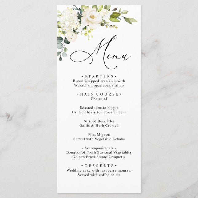 Menu Roses blanches Eucalyptus Dîner Mariage vert (Devant)