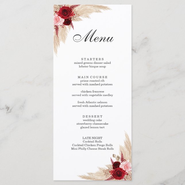 Menu Roses bordeaux et herbe de la pampa bohème (Devant)