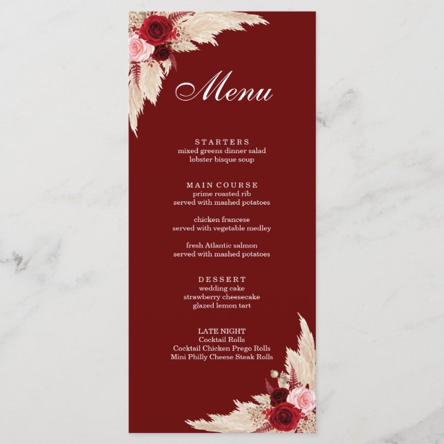 Menu Roses bordeaux et herbe de la pampa bohème (Devant)