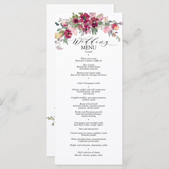 Menu Roses d'aquarelle bordeaux et roux (Devant / Derrière)