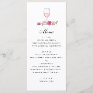 Menu Roses. Élégant mariage floral rose. Verre de vin