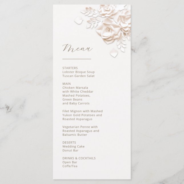 Menu Roses en papier découpé 3D beige ivoire (Devant)
