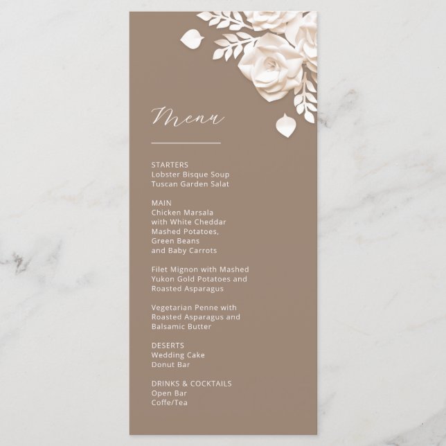 Menu Roses en papier découpé 3D beige ivoire (Devant)
