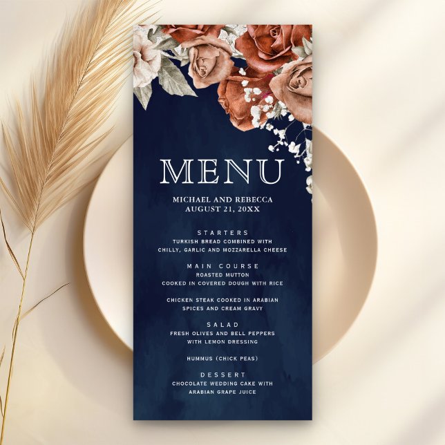 Menu Roses en terre cuite orange brûlé Mariage Navy (Créateur téléchargé)