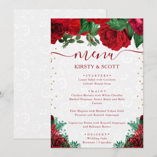 Menu Roses Fleurs de mariage rouges glamour aquarelle (Devant / Derrière)