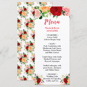 Menu Roses Florales RomantiquesMariage Rouge et Orange