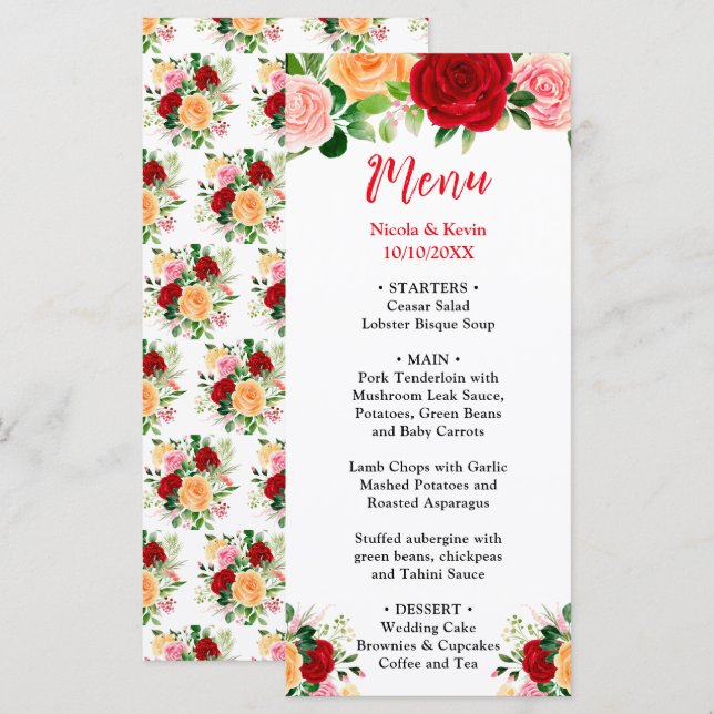 Menu Roses Florales RomantiquesMariage Rouge et Orange  (Devant / Derrière)