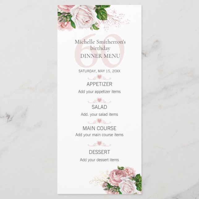 Menu Roses Florales Rose Foncé Blanc 60ème Anniversaire (Devant)