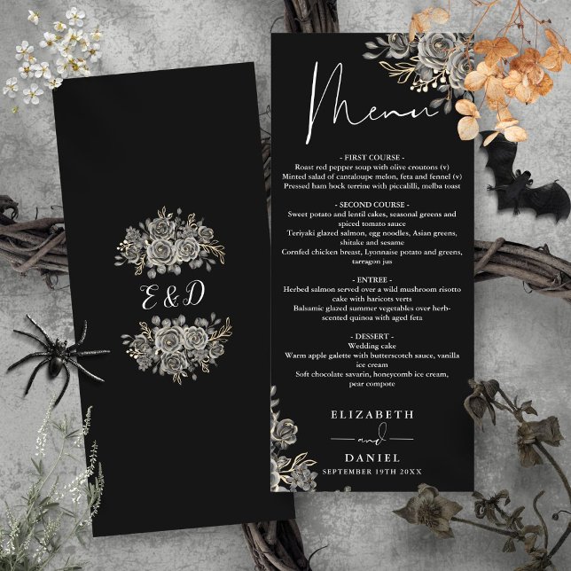 Menu Roses Noires Et Blanches Florales Gothique Mariage (Black And White Roses Floral Gothic Wedding Dinner Menu)