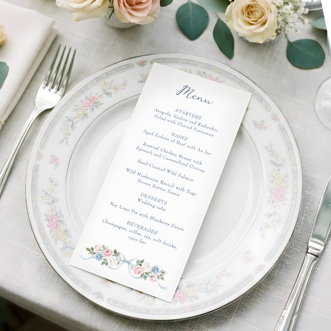 Menu Roses pastel rose, blanches et bleues & ruban (Créateur téléchargé)
