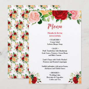 Menu Roses Romantiques FloralRouge et Orange Mariage Ro