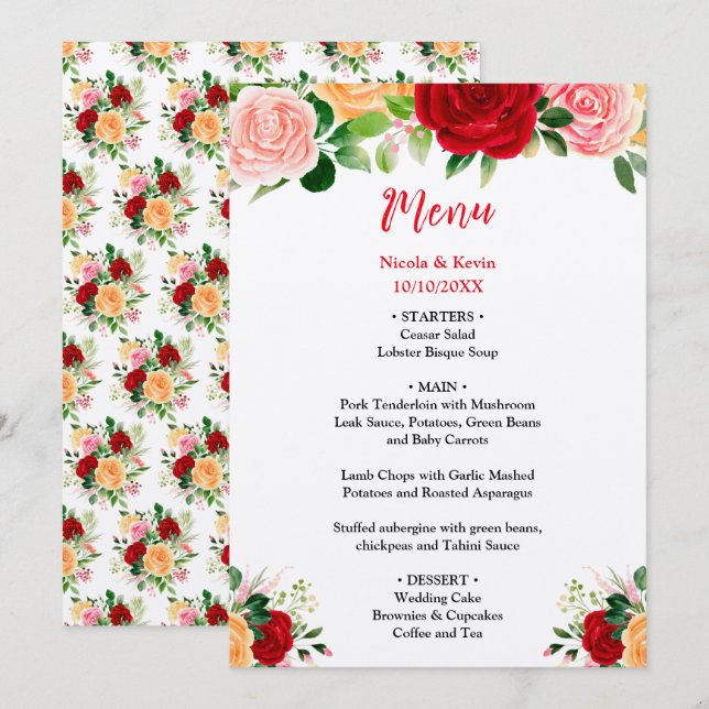 Menu Roses Romantiques FloralRouge et Orange Mariage Ro (Devant / Derrière)