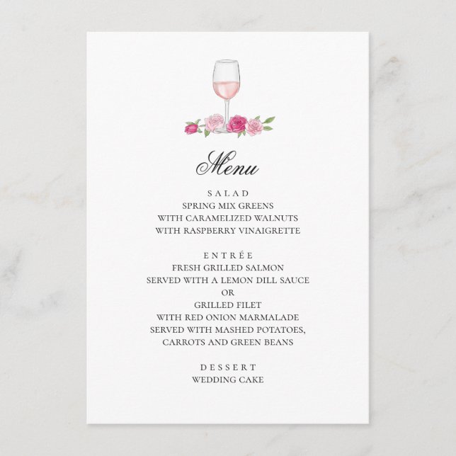Menu Roses roses. Fleurs rose et vin. Mariage floral (Devant)