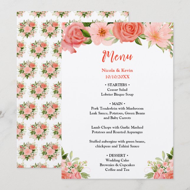 Menu Roses rouges corail avec feuillage (Devant / Derrière)