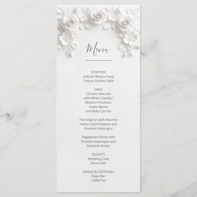Menu Roses sculptées 3D blanches (Devant)
