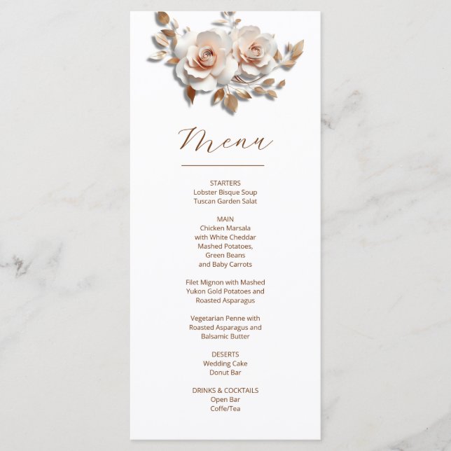Menu Roses sculpturales 3D en or rose pour mariage (Devant)