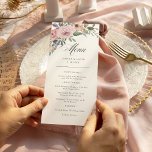 Menu Roses subtils d'aquarelle | Fleurs de mariage<br><div class="desc">Ces jolies cartes de menu mariage à la mode sont dotées d'un bouquet floral aquarelle de roses et de fleurs de couleur poussiéreuse,  dans les tons violet,  rose,  bleu et vert,  avec un élégant texte moderne et de la calligraphie sur un arrière - plan blanc.</div>